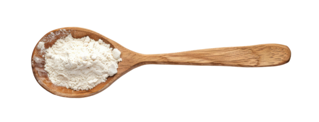 A wooden spoon with flour isolated on a transparent background, top view.
