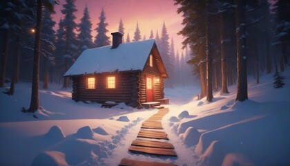 guiding lights a snowy cabin's welcoming path 4k animated looping background 02 create with generative ai