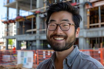 Obraz premium Beautiful Asian man with a well-groomed beard, wearing eyeglasses, smiles while working as a Civil Engineer or Architect and Contractor using BIM technology and Augmented Reality