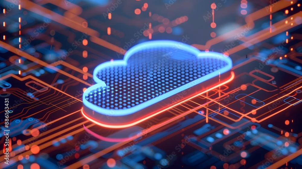 Poster a glowing cloud icon on a futuristic circuit board depicting cloud computing, technology, and data s