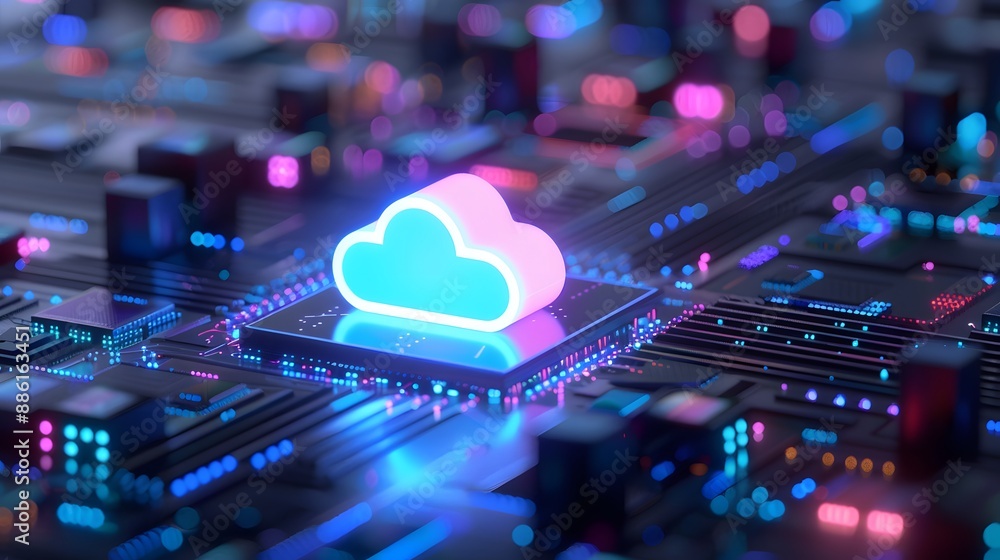 Poster a glowing cloud icon on a futuristic circuit board, representing cloud computing and advanced techno