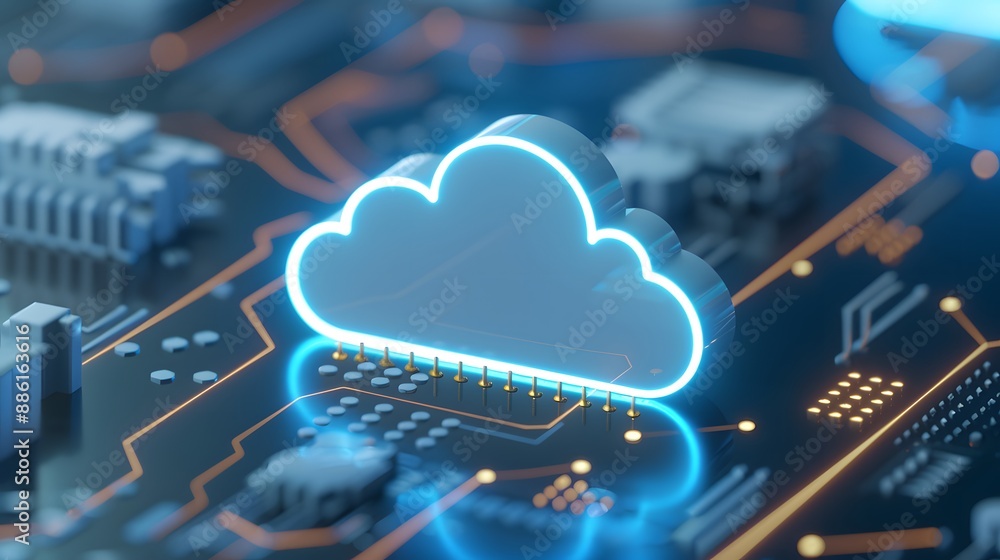 Poster a glowing cloud symbol on a circuit board representing cloud computing technology and data storage s