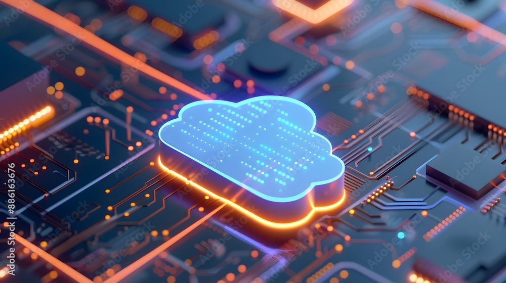 Poster a high-tech representation of cloud computing technology with a futuristic circuit board and glowing