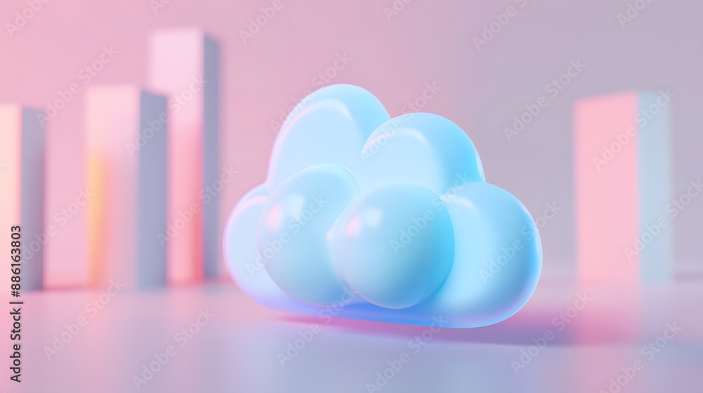 Poster a surreal 3d render of a glowing cloud set against a minimalistic pastel background with rectangular