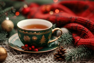 Obraz premium Steaming cup of christmas tea sits on a table with a red scarf and festive decorations, evoking the warmth and joy of the holiday season