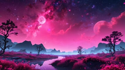 Fototapeta premium Pink Moonrise Over a Fantasy Landscape.