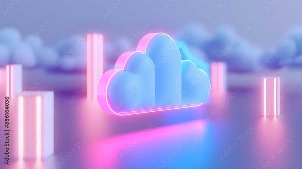 Poster abstract 3d cloud icon with neon lights, symbolizing modern technology and cloud computing, floating