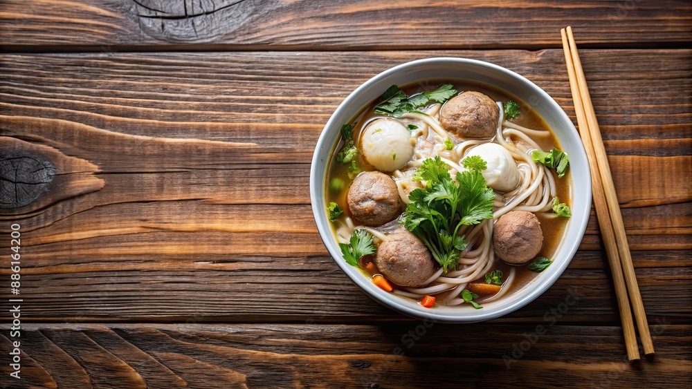 Sticker Traditional Thai noodle soup with beef and fish ball served on a wooden table, thai, noodles, soup, beef