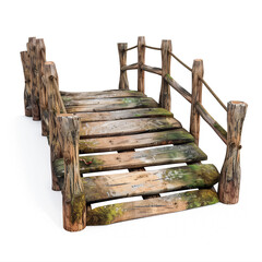 A wooden old bridge covered with moss in hand drawn, depicted on a white background in 3/4 turn, isolated
