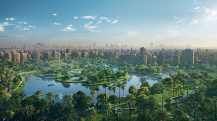 Depict the greenery of Al-Azhar Park in Cairo, sprawling beneath the cityscape, offering a serene retreat amidst the urban hustle