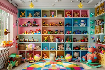 Colorful Playroom with Toy Shelves and Rocking Horse - 3D Illustration