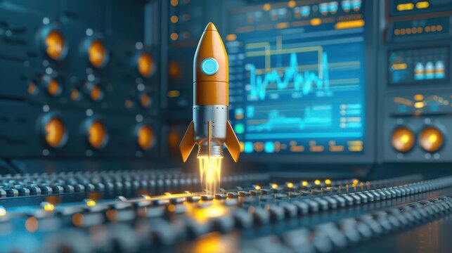 A digital dashboard with a glowing launch button, a rocket ascending on screen, representing innovative beginnings