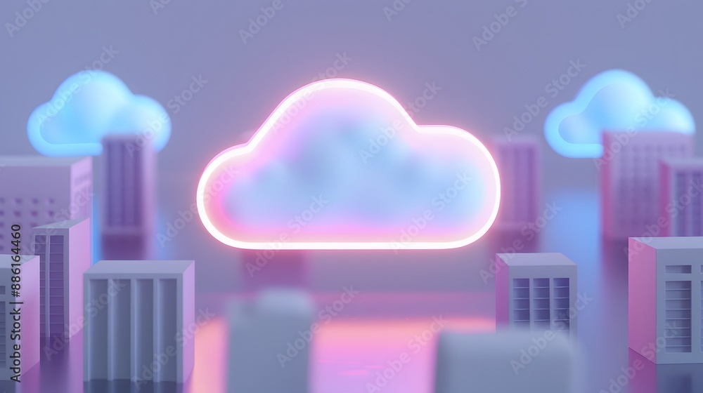 Poster abstract 3d illustration of a glowing cloud icon above a cityscape, symbolizing cloud computing and 