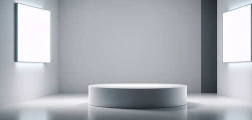 Abstract white 3D room with white cylinder pedestal podium