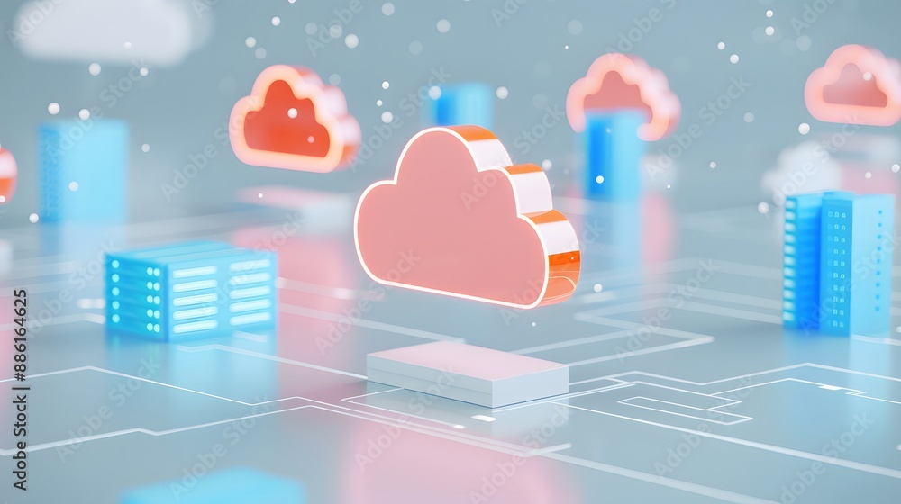 Poster abstract 3d illustration of cloud computing concept with floating clouds, data centers, and digital 