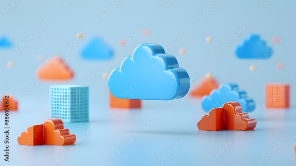 Poster abstract 3d illustration of cloud computing technology with blue and orange clouds, representing dat
