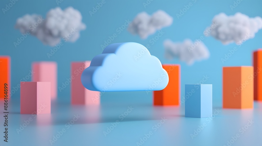 Aufkleber abstract 3d rendering of a floating cloud with pastel-colored blocks and a blue background symbolizi