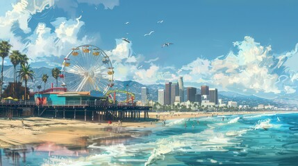 Depict the Los Angeles skyline from the Santa Monica Pier, capturing
