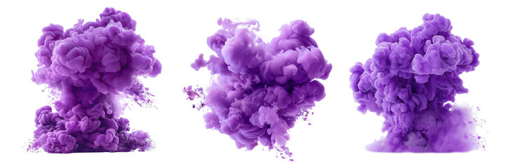 Three Vibrant Purple Smoke Clouds Isolated on Transparent Background, Abstract Shapes and Textures, Creative and Artistic Visuals