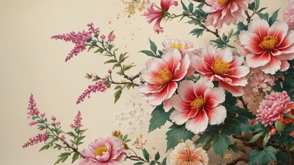 Fototapeta premium Pink and White Flowers on a Beige Background.