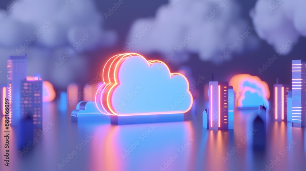Poster abstract 3d rendering of glowing clouds in a futuristic cityscape, representing cloud computing and 