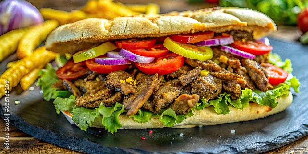 Canvas Prints Sizzling Shawarma Delight with Grilled Beef or Chicken Doner Sandwich stuffed with Flying Spices , Shawarma, Grilled, Beef