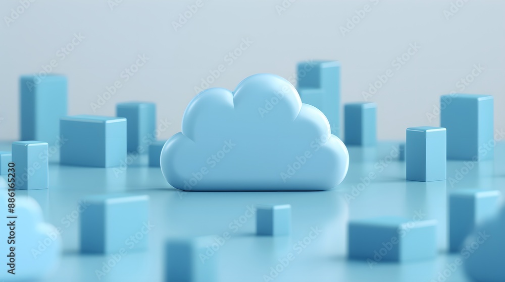 Poster abstract blue cloud with geometric shapes representing digital data and cloud computing concept on a