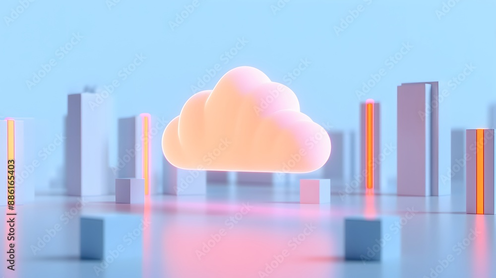 Poster abstract cloud computing concept with colorful buildings and reflective surface in a futuristic city