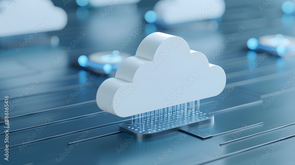 Poster abstract cloud computing concept with cloud icon on a digital network background, representing data 