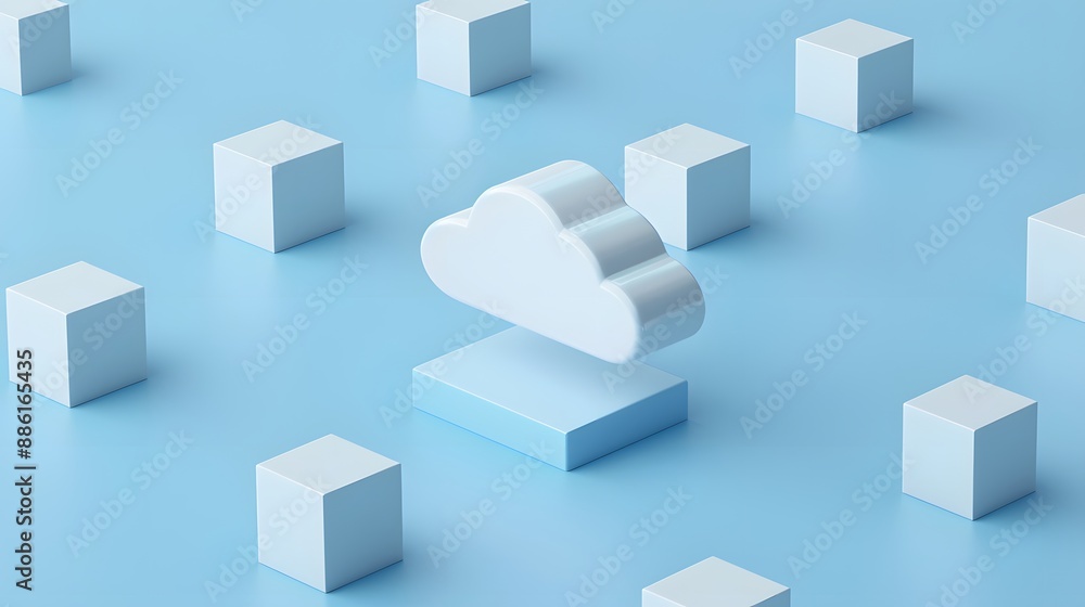Poster abstract cloud computing concept with floating cloud and cubes on a blue background, showcasing mode