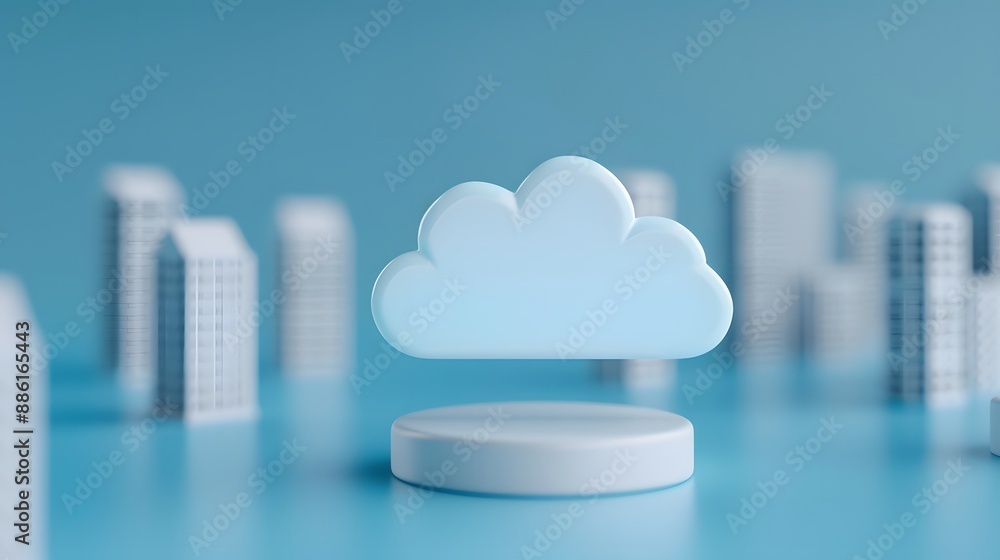 Poster abstract cloud computing concept with floating cloud icon in a modern cityscape background. minimali