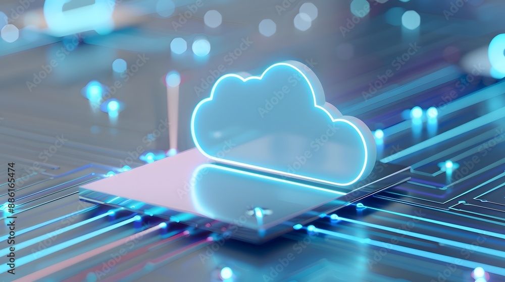 Poster abstract cloud computing concept with neon lights and integrated circuits representing modern techno