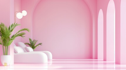 A modern spa interior with pastel pink accents, minimalist decor, and clean lines, providing a serene and uncluttered space with room for customization.
