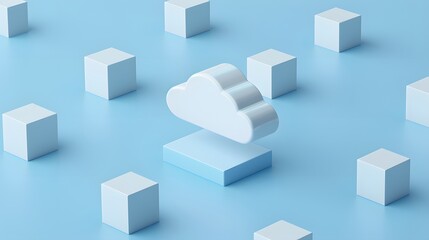 Obraz premium Abstract cloud computing concept with floating cloud and cubes on a blue background, showcasing modern data technology. 3D Illustration.