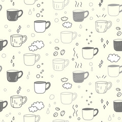 Obraz premium Cute cups doodle seamless vector pattern. Print for fabric, wrapping paper, kitchen textile.