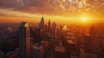 Depict the Philadelphia skyline during a golden hour, highlighting the warm tones and shadows cast by the setting sun