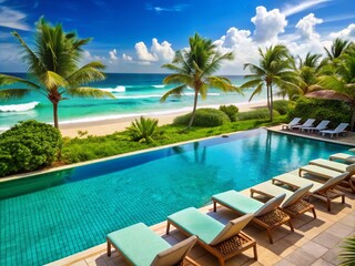 Fototapeta premium Sparkling turquoise swimming pool overlooks tranquil ocean waves, surrounded by lush greenery and comfortable beach chairs, exuding luxury and serenity in a tropical hotel resort setting.