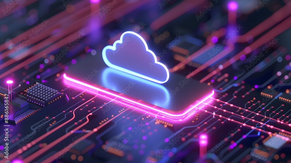 Poster abstract concept of cloud computing. a glowing cloud icon on a circuit board symbolizes digital conn