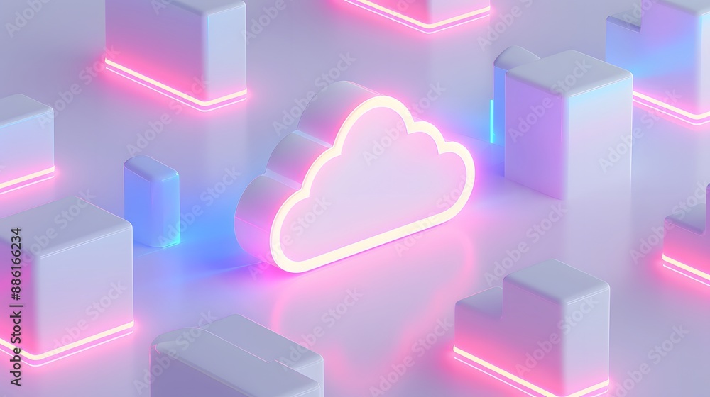 Poster abstract futuristic cloud computing concept with glowing neon lights and geometrical shapes, represe