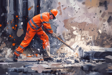 A man in an orange jumpsuit is working on a construction site