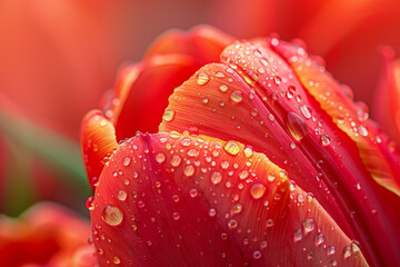 A close up of a red flower with droplets of water on it