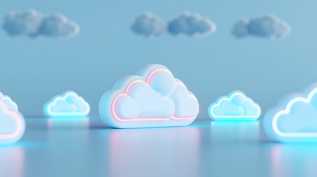 Abstract illustration of glowing clouds on a reflective surface with a blue background, representing cloud technology and digital concepts. 3D Illustration.