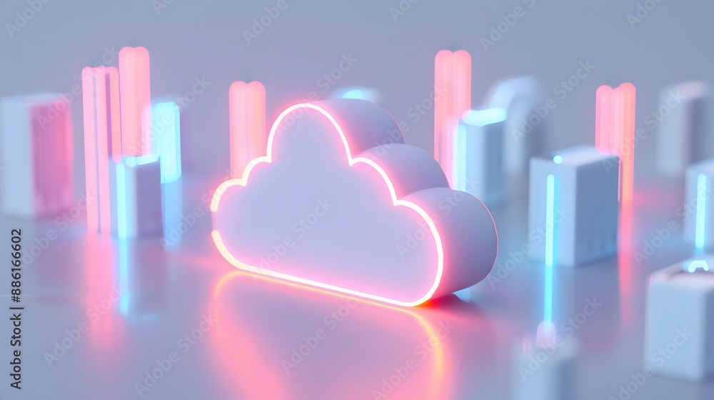 Poster abstract image of glowing neon cloud symbolizing digital data storage, surrounded by modern geometri