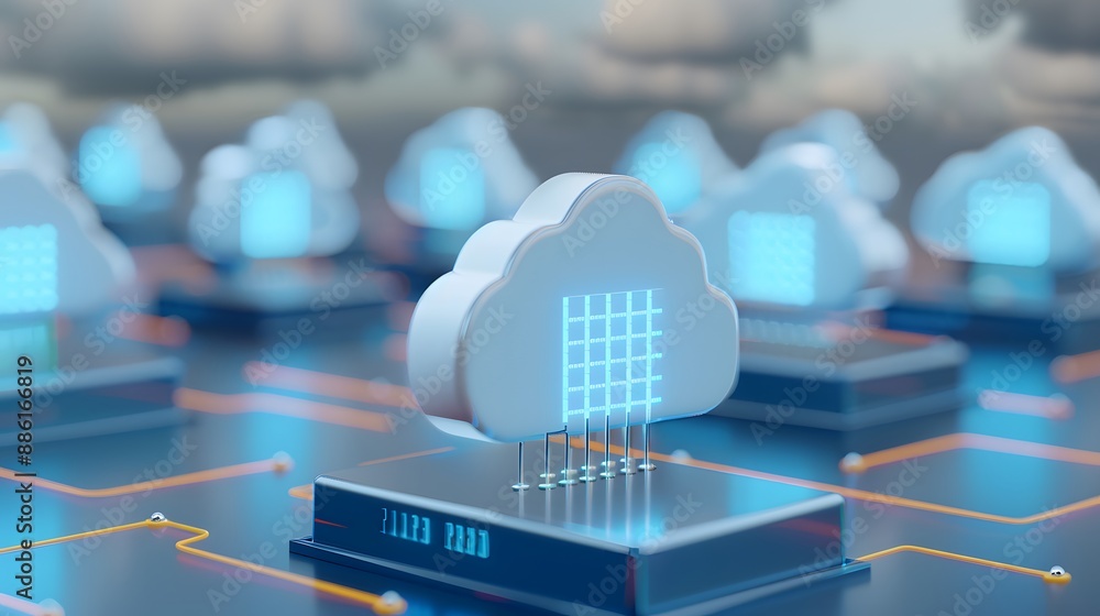 Poster abstract representation of cloud computing and data storage infrastructure with interconnected serve