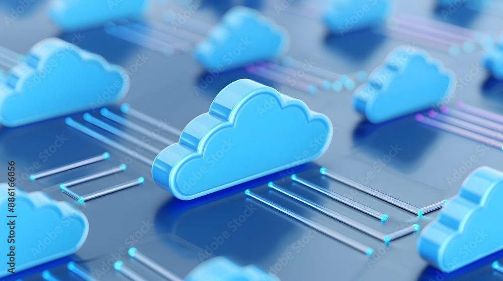 Poster abstract representation of cloud computing and technology with 3d blue cloud icons on a dark backgro