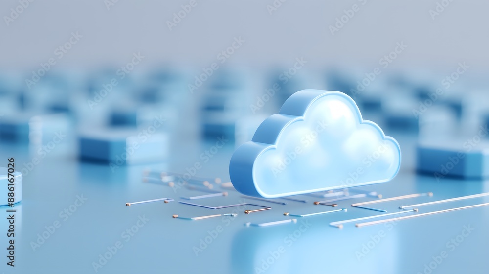Poster abstract representation of cloud computing technology, showcasing digital data storage and processin