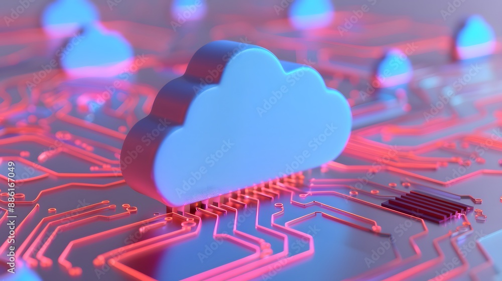 Aufkleber abstract representation of cloud computing technology with a blue cloud icon and red circuitry in a 