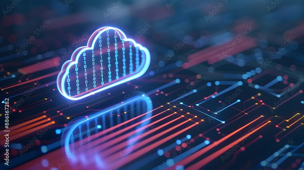 Aufkleber abstract representation of cloud computing technology with neon lights and circuit board elements, i