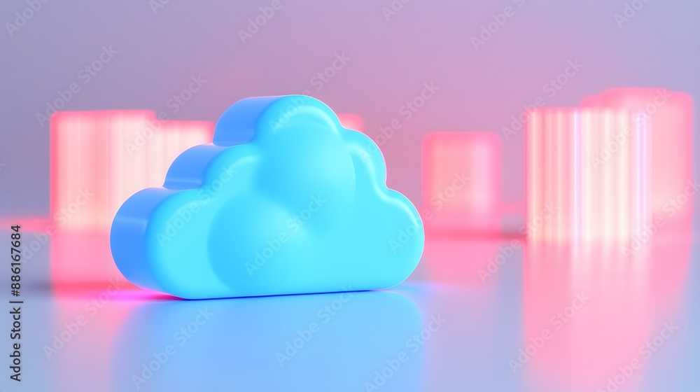 Poster blue cloud icon on a reflective surface with glowing red bars in the background, representing digita