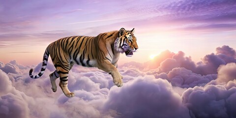 Tiger soaring majestically through the clouds, wildlife, predator, big cat, sky, clouds, majestic, powerful, strength, freedom